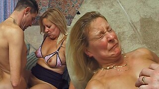 Massive squirting spunk flow above a All red wife