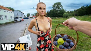 VIP4K. Red travel hood can't live without to show her fur pie in her boyfriend's automobile